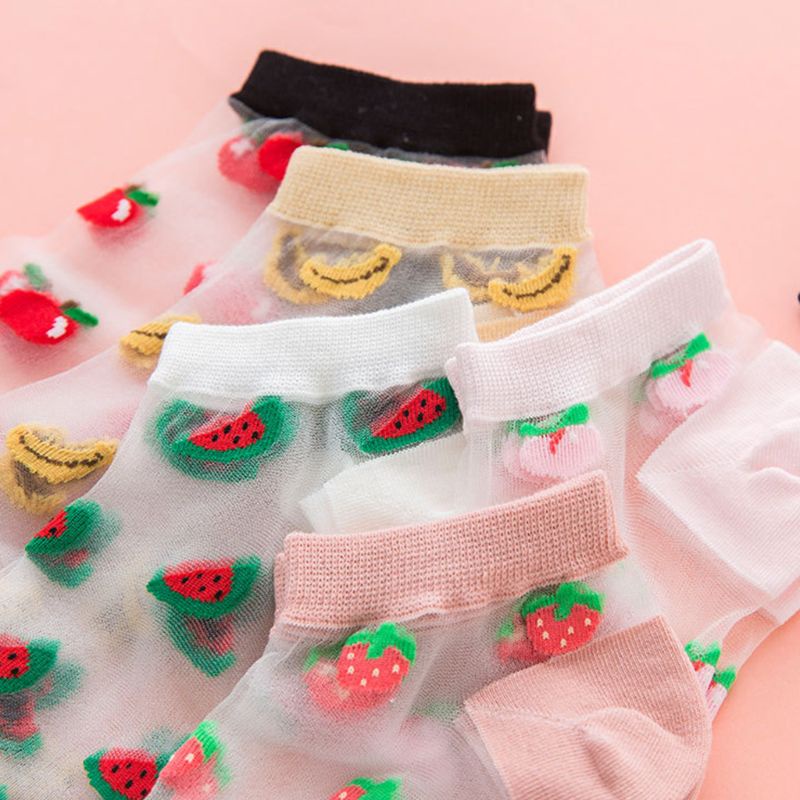 Youyo Set 5 Đôi Vớ Thuyền Xuyên Thấu Sợi Pha Lê Siêu Mỏng Họa Tiết Trái Cây Dưa Hấu Dễ Thương Mù