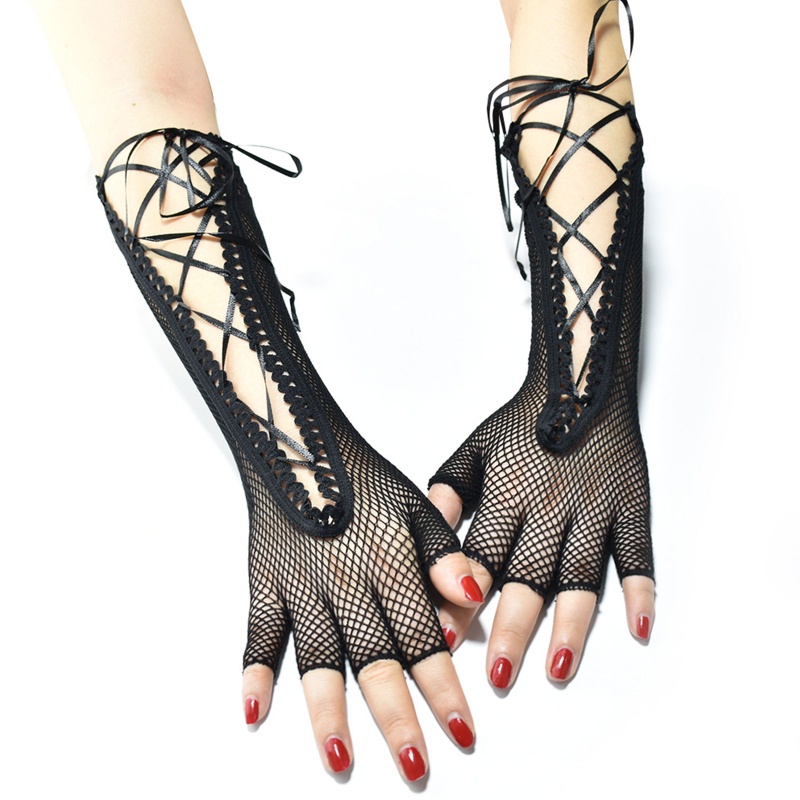 Găng Tay Lưới Co Giãn Gợi Cảm Với Dây Thừng Màu Đen Phong Cách Punk Hip Hop Cho Nữ