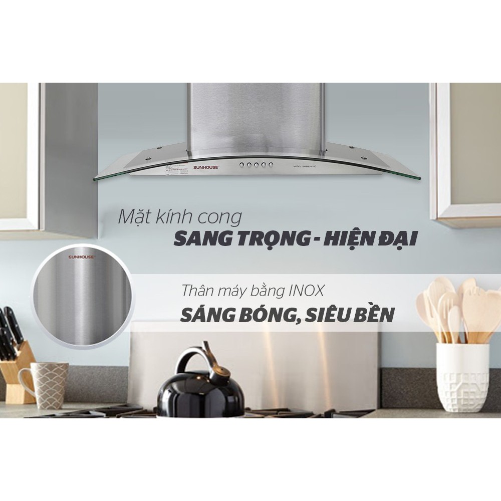 Máy hút mùi nhà bếp KÍNH CONG SUNHOUSE SHB6629-70C tiết kiệm điện an toàn