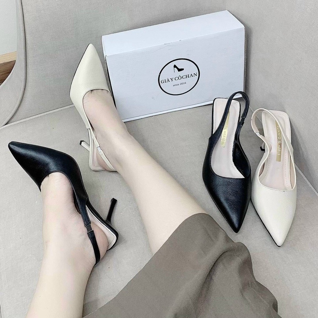 Giày Cao Gót Bít Mũi Nhọn Da Mờ Trơn Phối Chun Sau Gót Nhọn D10