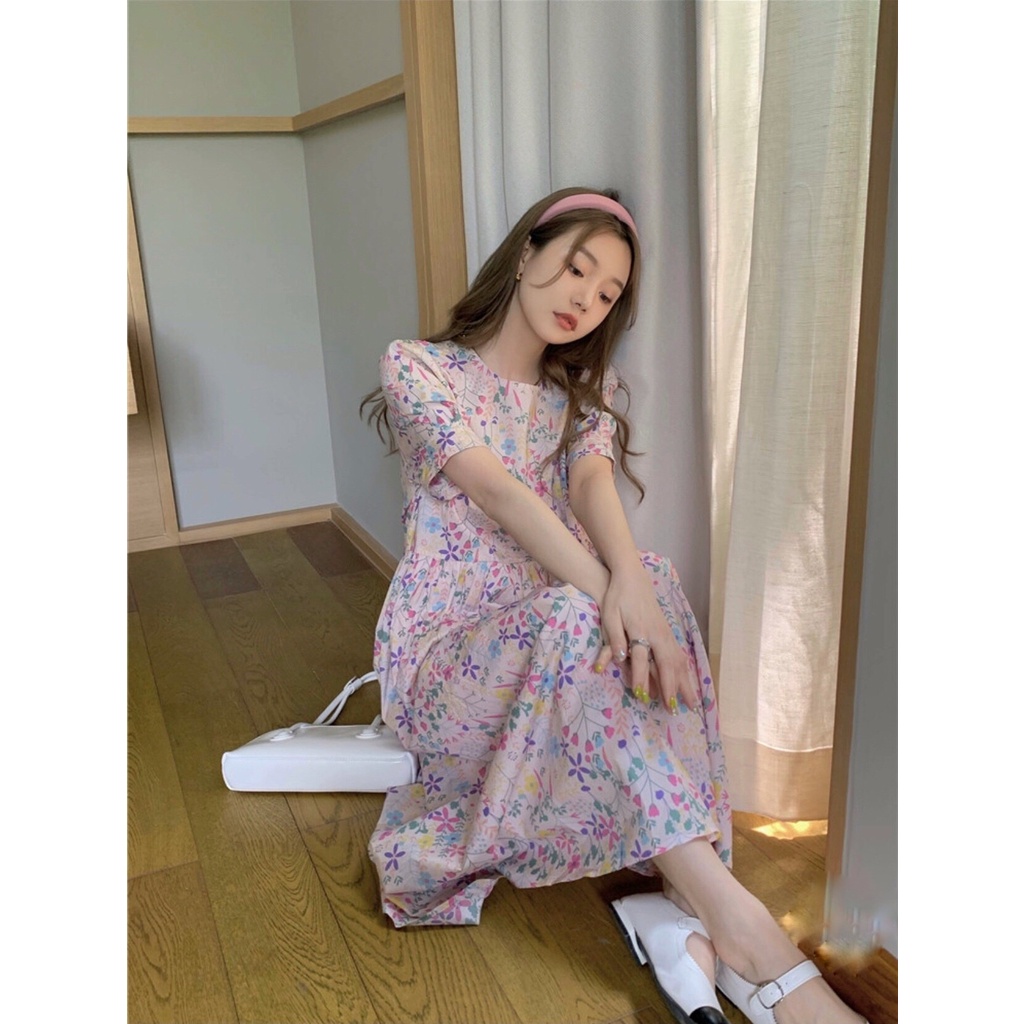 Váy babydoll thô hoa nhí thắt nơ ulzzang - Đầm hoa thô dáng babydoll