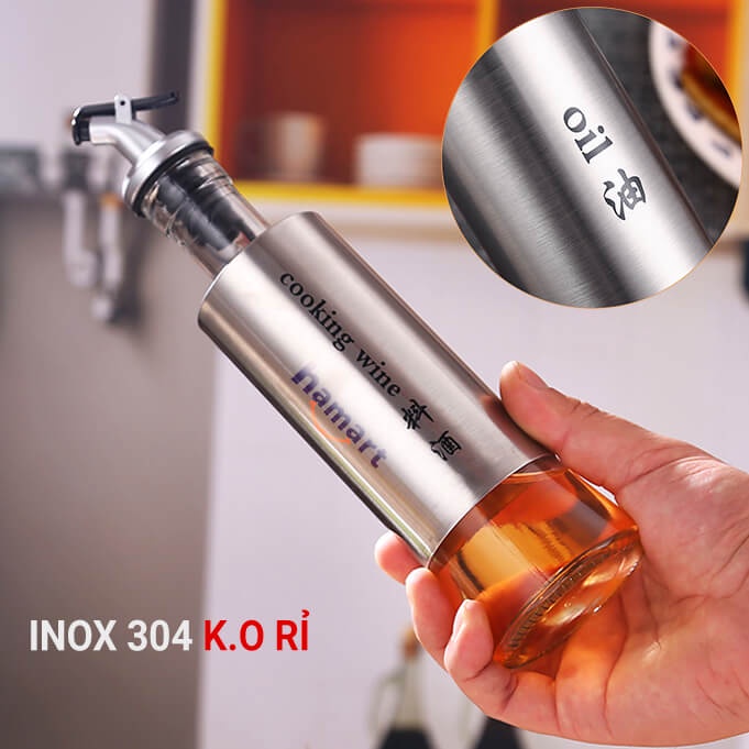 Chai Chiết Dầu Ăn Thuỷ Tinh INOX Hamart Bình Rót Dầu Ăn Có Nắp Vòi Chảy Chậm Tiện Lợi