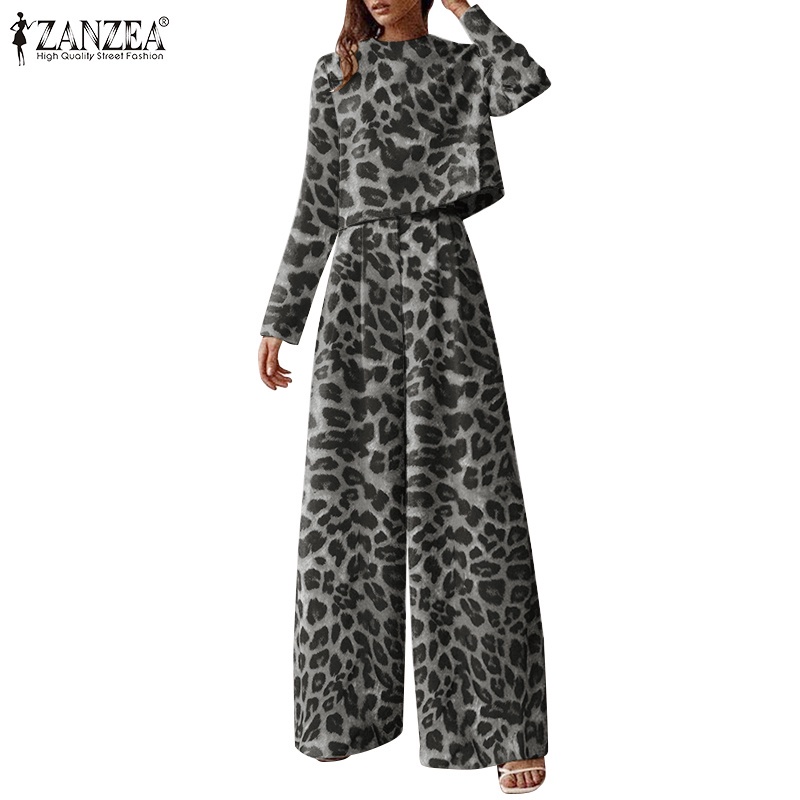 Bộ đồ ZANZEA in họa tiết da báo gồm áo croptop dài tay và quần dài ống rộng