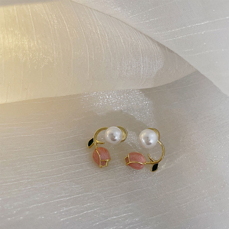 Khuyên Tai Hình Hoa Tulip Đính Ngọc Trai Đơn Giản Phong Cách Mới 2022