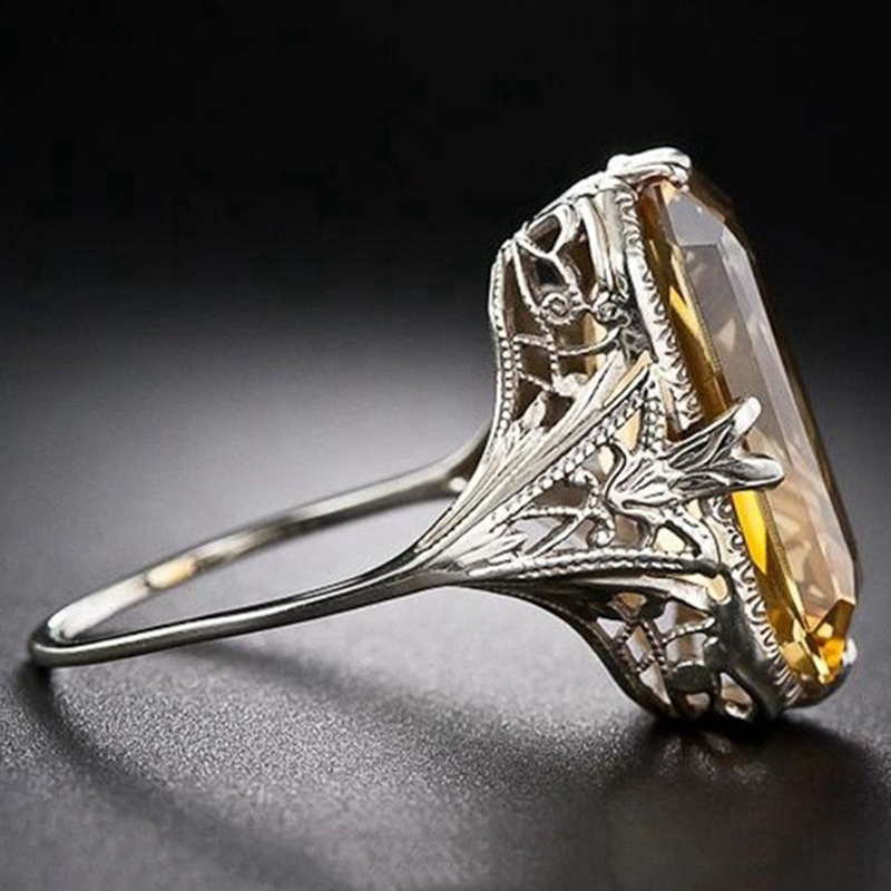 Ring Baguette Emerald Cut Lemon Yellow Citrine Retro Hollow Diamond Jewelry Birthday Proposal Gift