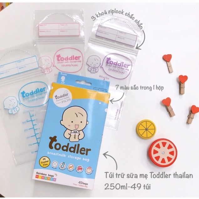 Hộp 49 túi trữ sữa Toddler cao cấp 7 màu dung tích 250ml