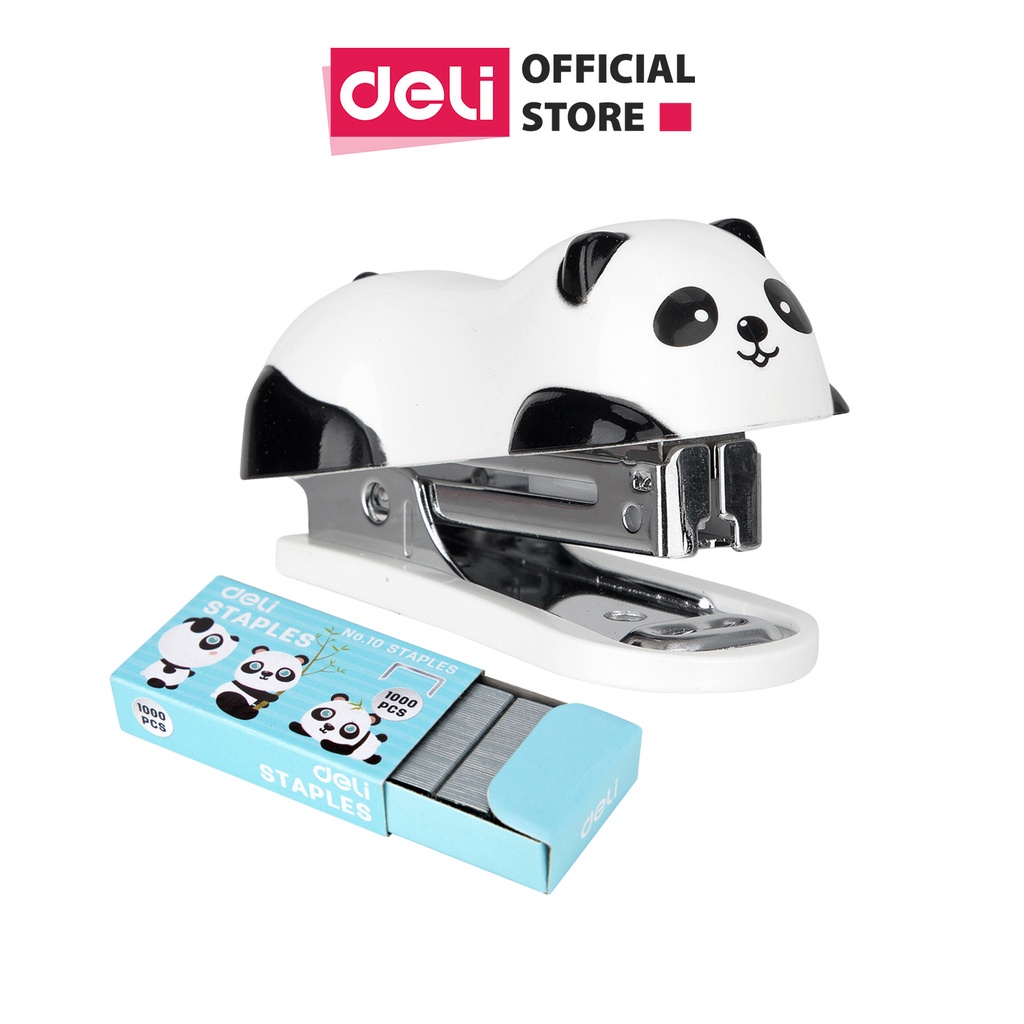 Dập ghim mini Deli kèm hộp đạn ghim số 10 – ghim bấm 12 trang/ E0453 - hình gấu trúc dễ thương - HOKAMI STORE