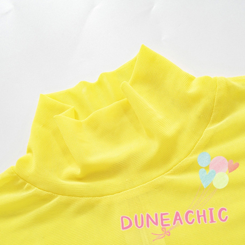 DUNEA Áo Croptop Tay Ngắn Phối Lưới Thiết Kế Cổ Cao Thanh Lịch
