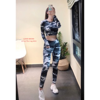 Đồ tập gym , bộ đồ tập thể thao nữ áo croptop dài tay rằn ri xanh