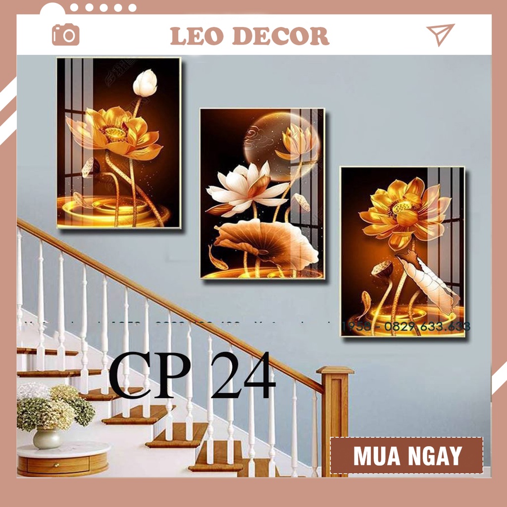 Bộ 3 bưc tranh hoa sen chất liệu tráng gương cao cấp/tranh_treo_cầu_thang/phòng_khách