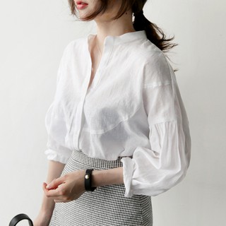 Áo kiểu xj-long bằng cotton lanh tay lồng đèn với tay áo đèn lồng