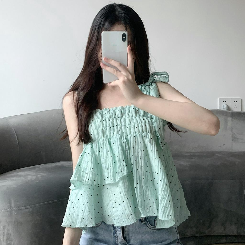 Lalisas Xiaozhainv Áo Hai Dây Dáng Ngắn Họa Tiết Chấm Bi Ngọt Ngào Cho Nữ