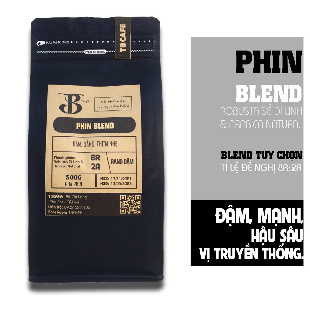 Cà phê mộc nguyên chất - Phin Blend, Gu đậm [500g/ 1 túi]  - TBCAFE