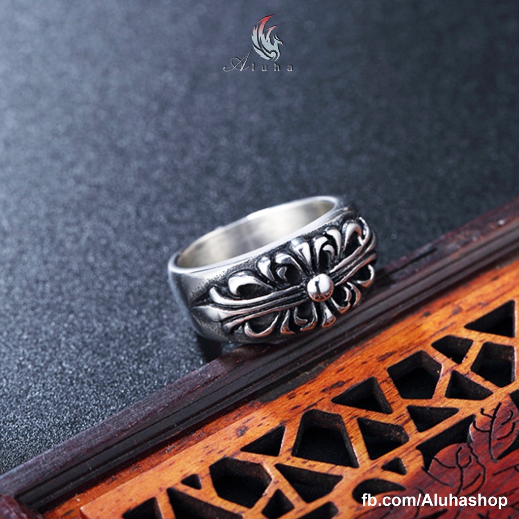 Nhẫn Titan không rỉ Chrome Heart tinh xảo họa tiết hoa thập giá Floral Cross - R096 - Aluha