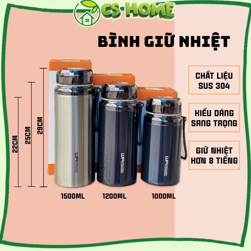 Bình nước giữ nhiệt inox CSHome 1000ml 1500ml có ngăn lọc trà phích giữ nhiệt 1L 1,2L 1,5L ủ nóng giữ lạnh dễ mang theo