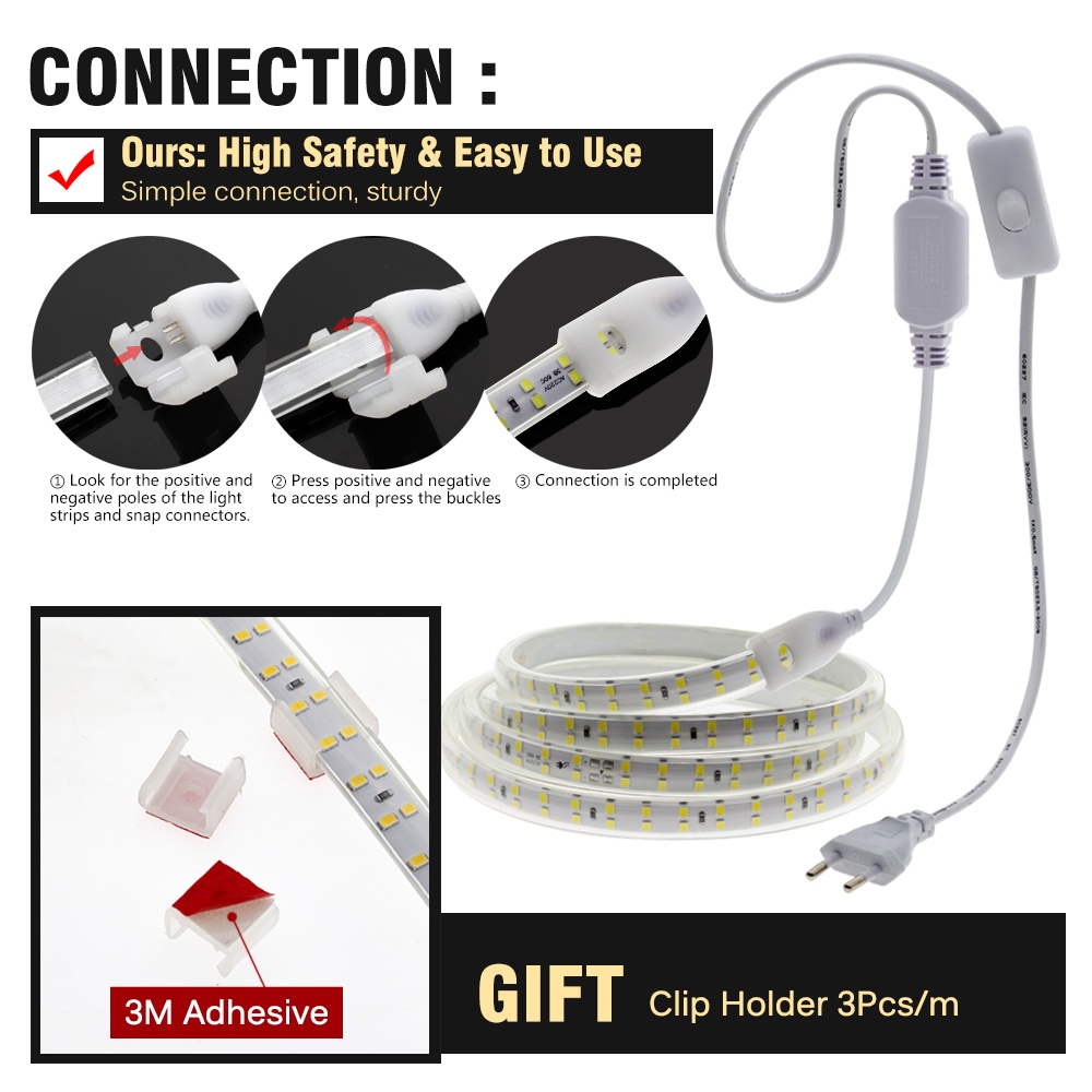 Dây Đèn LED 220V 2835 180LEDs / m 10W / m 6000K 4000K 3000K IP67 Chống Thấm Nước Có Công Tắc Tiện Dụng