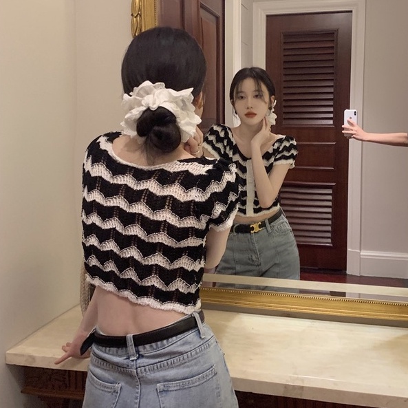 Áo cardigan croptop ZHELIHANGFEI dệt kim tay ngắn họa tiết kẻ sọc thời trang dành cho nữ