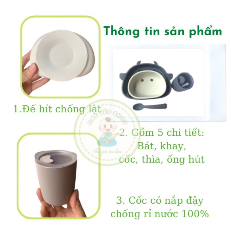 5 chi tiết - Bộ khay ăn dặm silicon đế hít chống lật gồm khay, bát, cốc silicon, thìa ăn dặm silicon hình chú bò