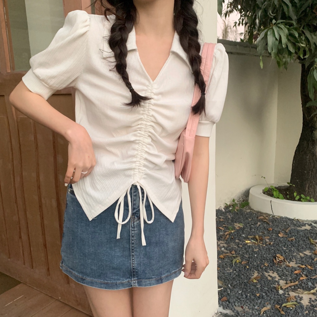 Áo polo Ngắn Tay Cổ Chữ V Dáng Ôm Phối Dây Rút Thời Trang Mùa Hè Cho Nữ