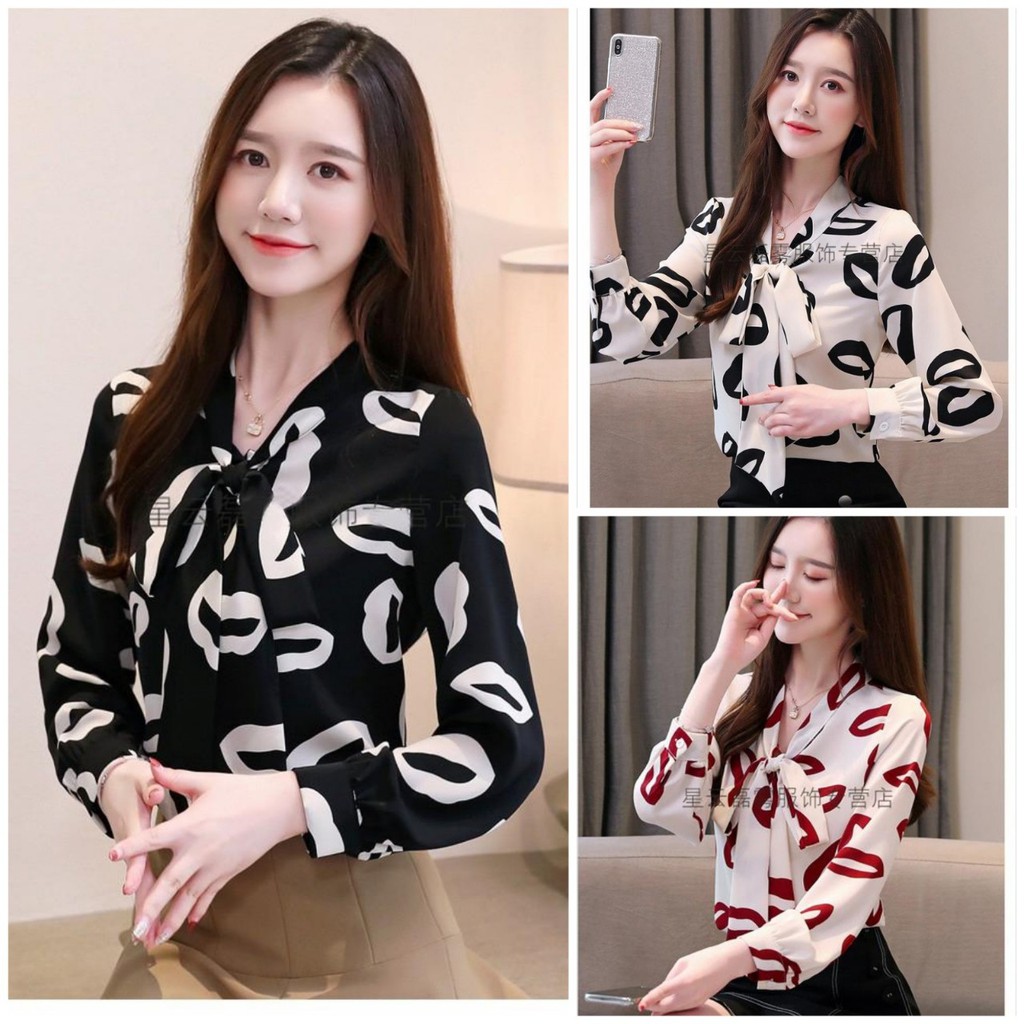 Áo Kiểu Sơ Mi Họa Tiết Nữ Cổ Bẻ Cột Nơ BY1102