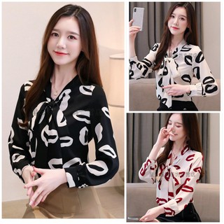 Áo Kiểu Sơ Mi Họa Tiết Nữ Cổ Bẻ Cột Nơ BY1102