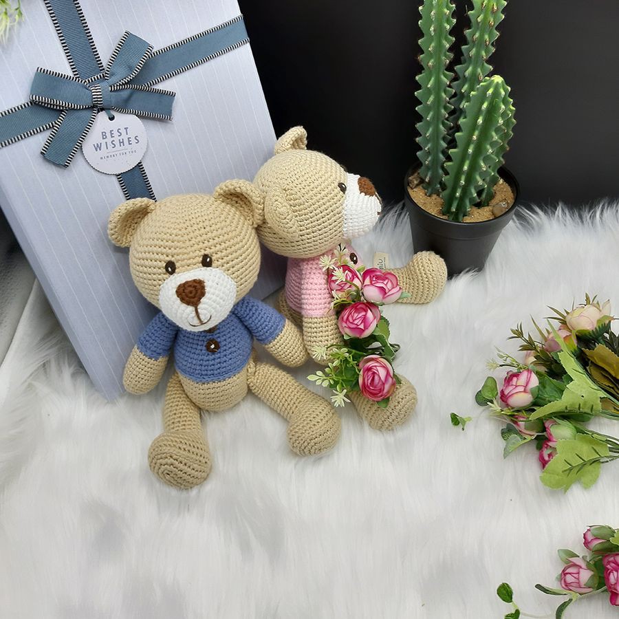 Gấu bông cao cấp - Gấu Teddy handmade làm từ len coton màu xanh hồng - SP000129