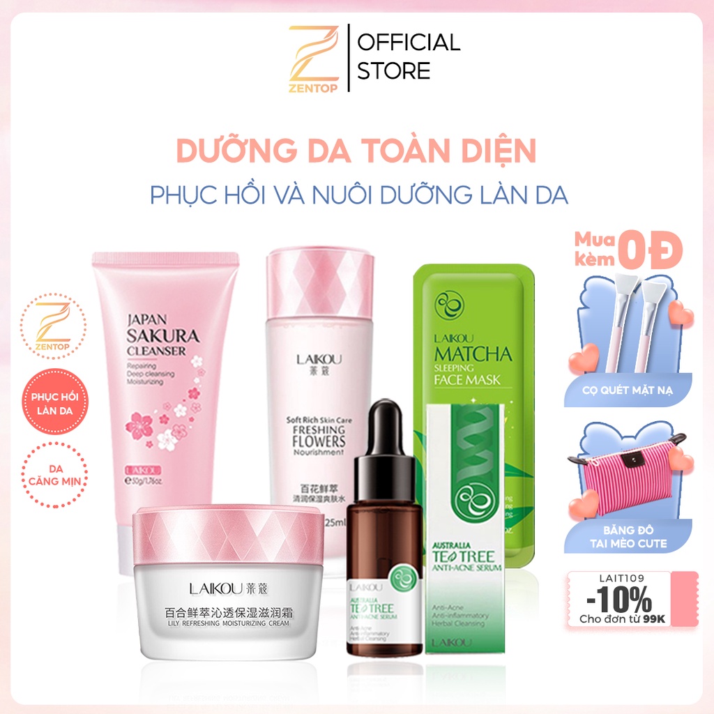 Bộ dưỡng da chuyên sâu đầy đủ Laikou sữa rửa mặt toner serum kem dưỡng da mặt nạ giúp da sáng mịn chắc khỏe Zentop