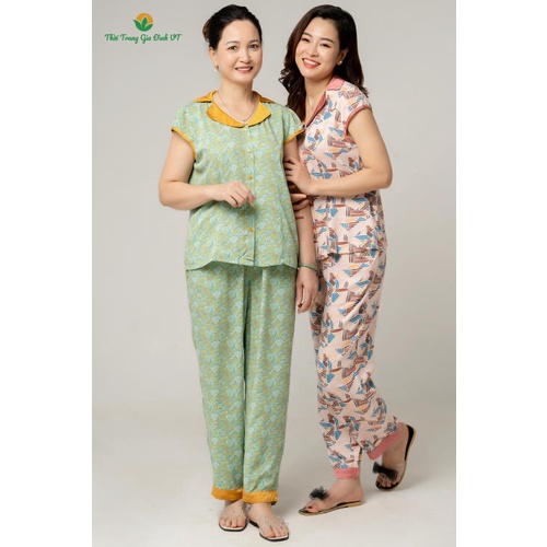 Bộ lanh quần dài áo cộc tay nữ họa tiết B08.2107 - Thời Trang Gia Đình VT