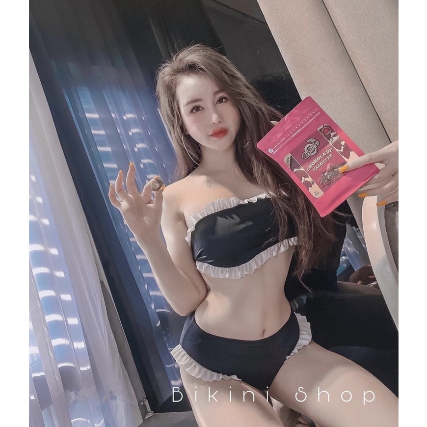 Bikini 2 mảnh áo quây viền rúm trắng Đồ bơi nữ đẹp rẻ xinh xắn R12
