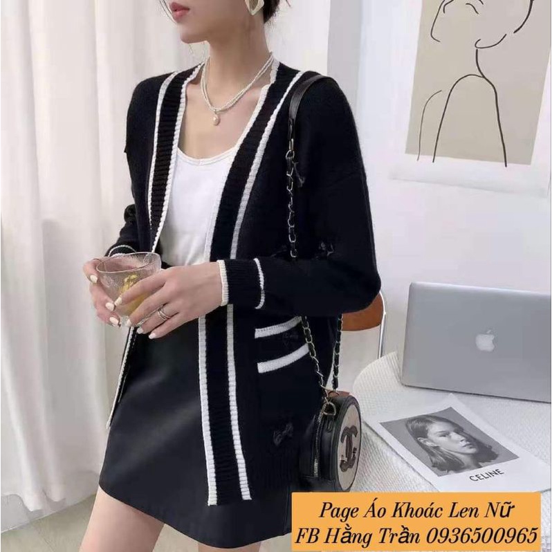 Áo khoác len cardigan nữ viền len mịn phối nơ.