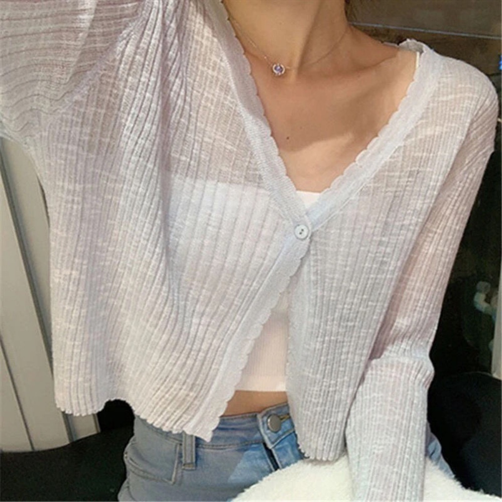 Áo khoác cardigan croptop len mỏng dài tay 1 cúc cổ tim mát nhẹ Hàn Quốc Sollle