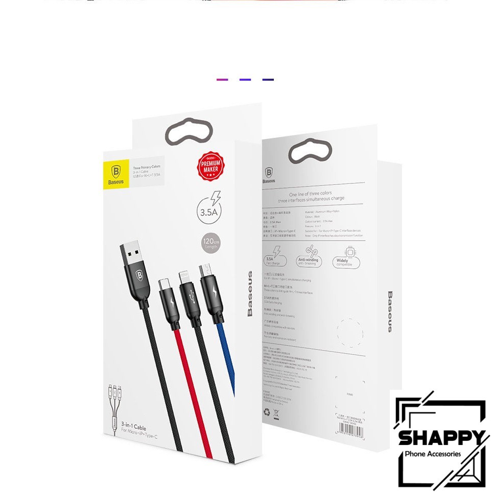 Cáp Sạc Baseus 3 Đầu Three Primary Color Cổng IPhone/TypeC/Micro Hỗ Trợ Sạc Nhanh &amp; Truyền Dữ Liệu[Shappy Shop]