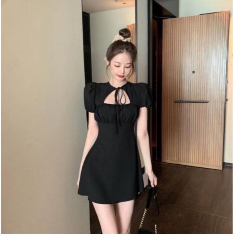 TBL-Ảnh thật Váy đầm nữ dáng ôm nhúm ngực cột dây tay con khoét ngực đen tím trắng