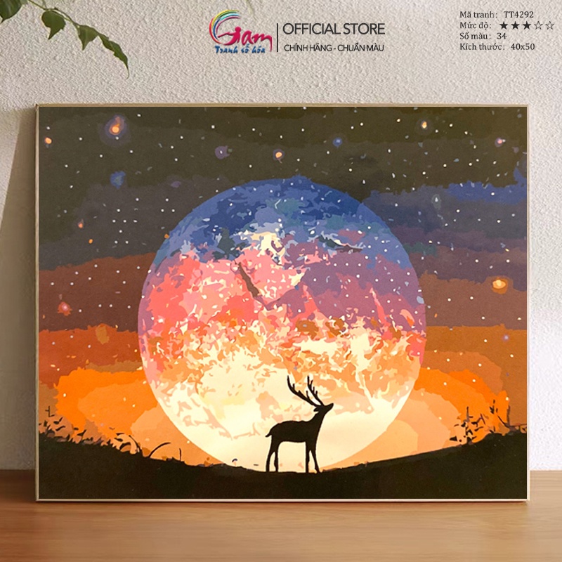 Tranh Tô Màu Theo Số Hươu Dưới Ánh Trăng GAM Đã Căng Khung 40x50cm TT4292