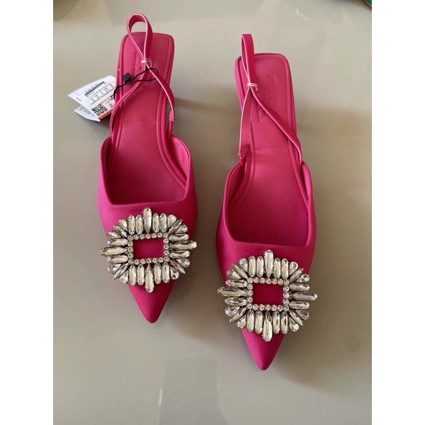 GIÀY CAO ZARA HỞ GÓT MÀU HỒNG ĐÍNH ĐÁ LẤP LÁNH