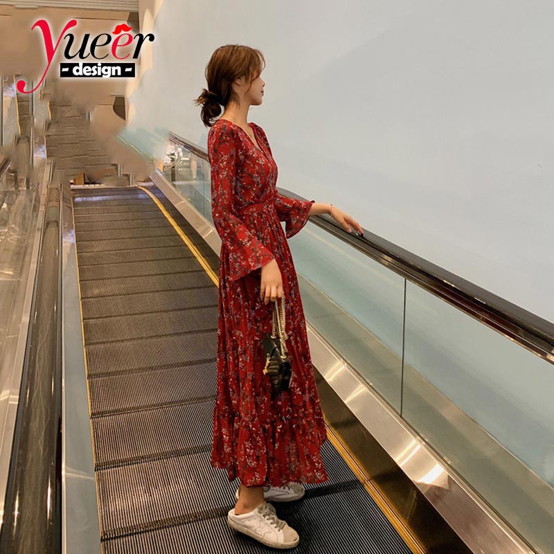 Đầm maxi nữ dài tay hoạ tiết hoa xinh xắn size S-Xl | BigBuy360 - bigbuy360.vn