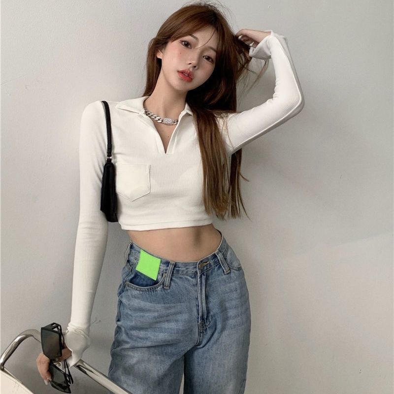 Áo Croptop Tay Dài Dáng Ôm Quyến Rũ Cho Nữ Kiểu Hàn Quốc