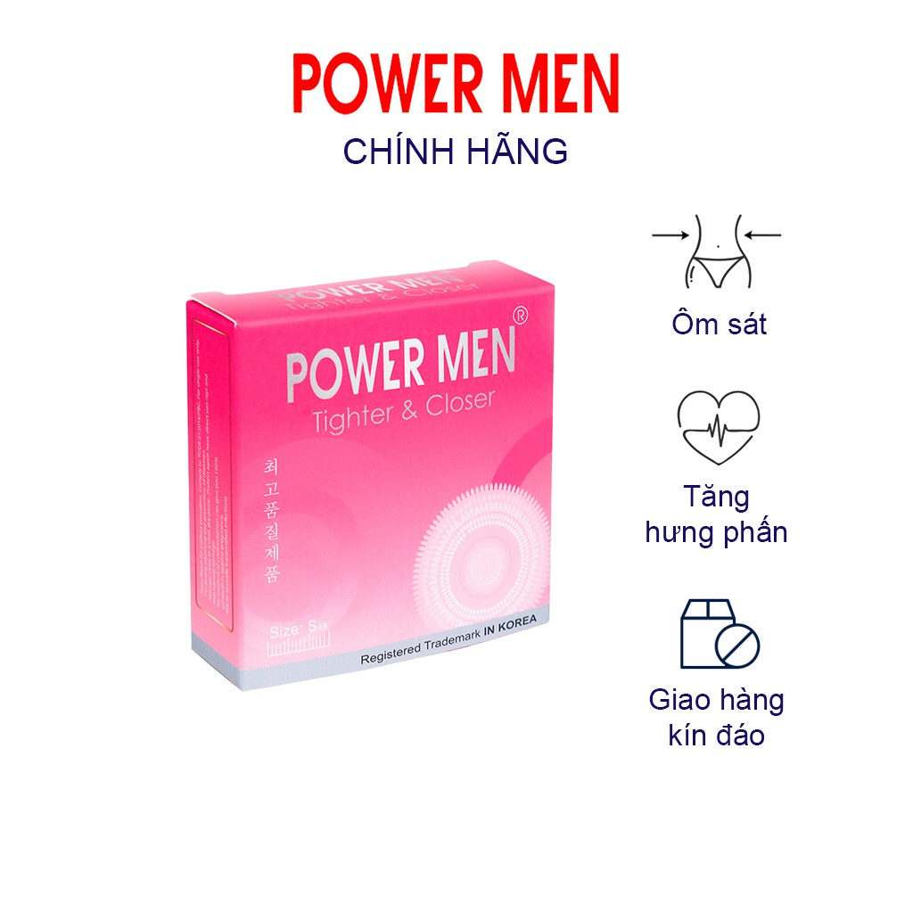 Bao cao su gai Powermen Tigher & Dotted Size nhỏ Ôm sát 49mm Hộp 3 bcs (TDO3)