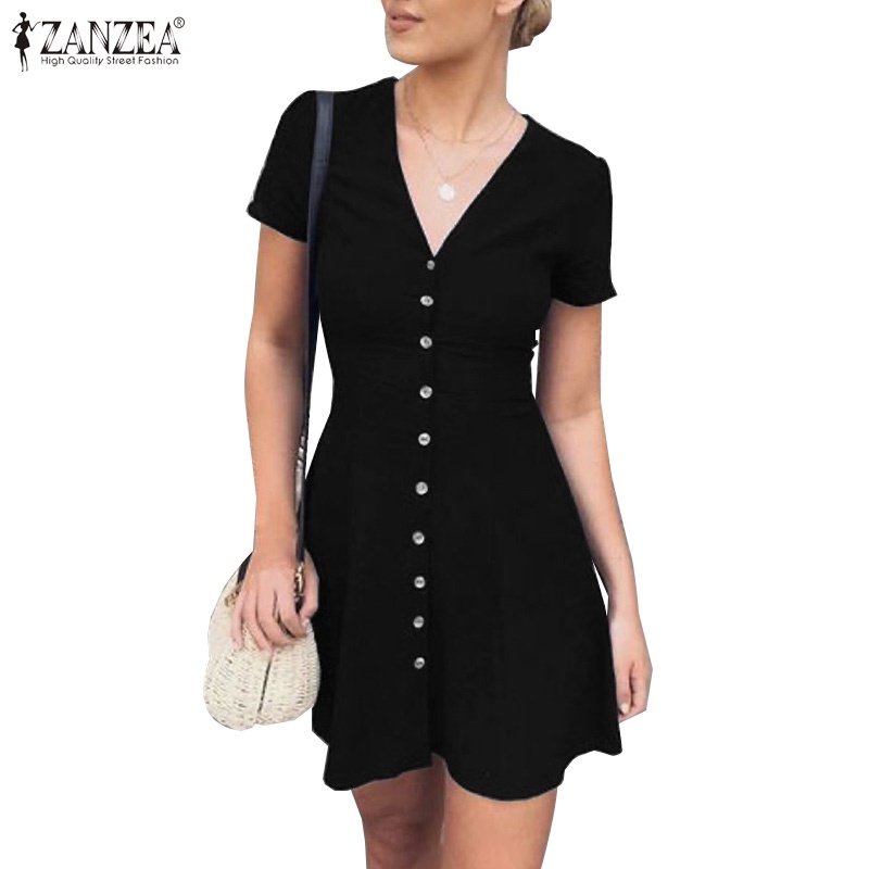 Đầm mini Zanzea ngắn tay cổ chữ v cài nút trước thời trang cho nữ