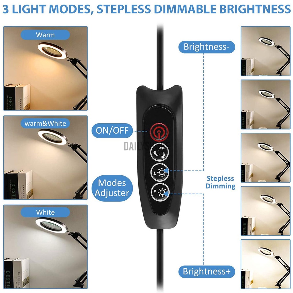Kính Lúp Để Bàn Phóng Đại 10x Có Đèn Led 12W Kèm Kẹp, sửa chữa điện tử, đồng hồ, điện thoại, soi da mặt, spa, nail