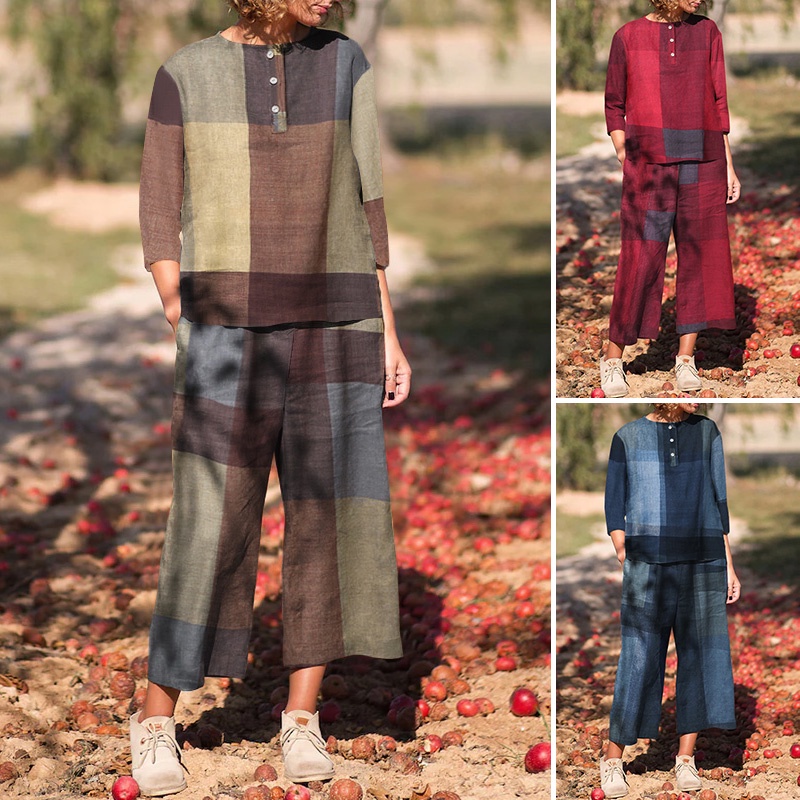 Bộ đồ ZANZEA áo tay 3/4 cổ tròn in họa tiết kẻ sọc caro quần phối túi thời trang thường ngày cho nữ