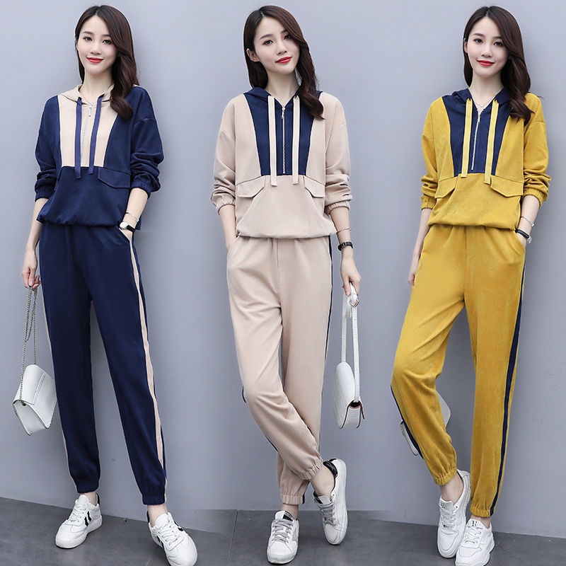 Set đồ thể thao có mũ trùm đầu phong cách Hàn Quốc thời trang thu đông 2021