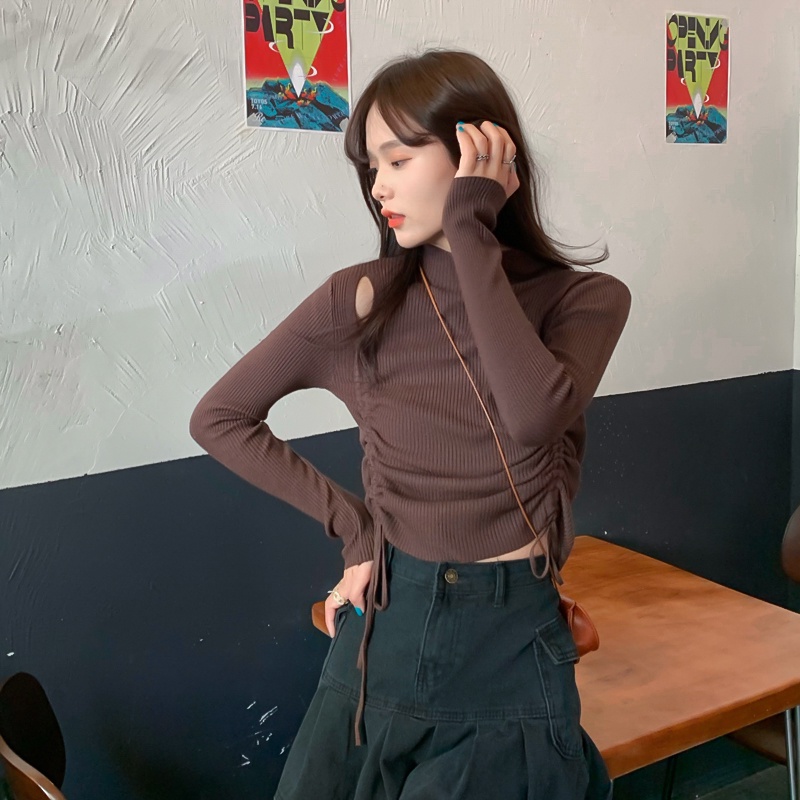 Áo dệt kim ZHELIHANGFEI tay dài cổ cao phối dây rút trẻ trung quyến rũ dành cho nữ