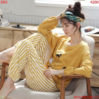 Bộ đồ cotton áo vàng quần sọc chun gấu thời trang - Micha D63
