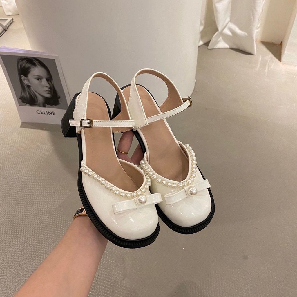 Xăng đan Cao Gót Hở Ngón Đính Ngọc Trai Phong Cách Chanel Cổ Điển Mùa Hè Dành Cho Nữ 2021