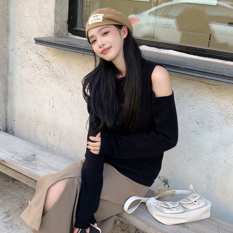 Áo khoác cardigan dệt kim dáng rộng tay dài cổ thuyền cài nút thời trang cho nữ