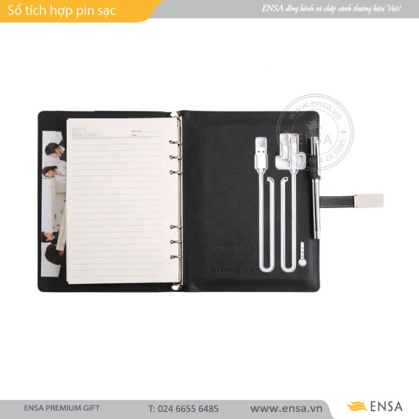 Sổ ghi chép bìa da tích hợp pin sạc dự phòng 8000mAh, USB khắc tên theo yêu cầu, có kèm hộp quà tặng cao cấp