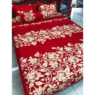Bộ Chăn Ga Vỏ Gối 5 Món Mẫu Hoa Dây Đỏ 1m6 x 2m ( vỏ gối trần bông )