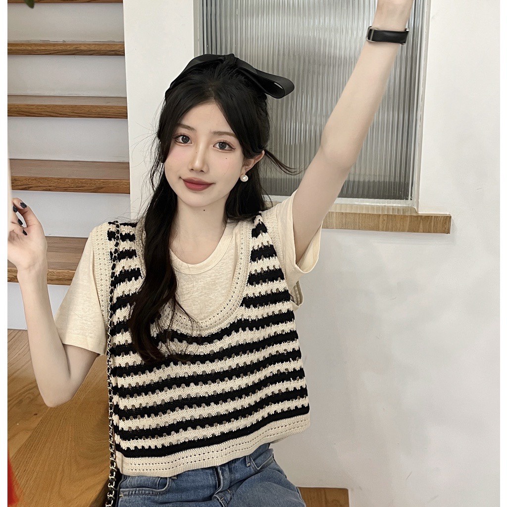 Áo 3 lỗ mongtoghi len kẻ lưới phong cách ulzzang Hàn Quốc cực xinh, Peoni