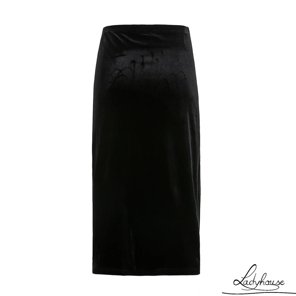 Chân Váy Lưng Cao Xẻ Tà Phối Vòng Kim Loại Màu Trơn Thời Trang Thu Đông Cho Nữ